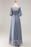 Dusty Blue Asymmetrical Ruched Long Mother of the Bride Dress with Sleeves