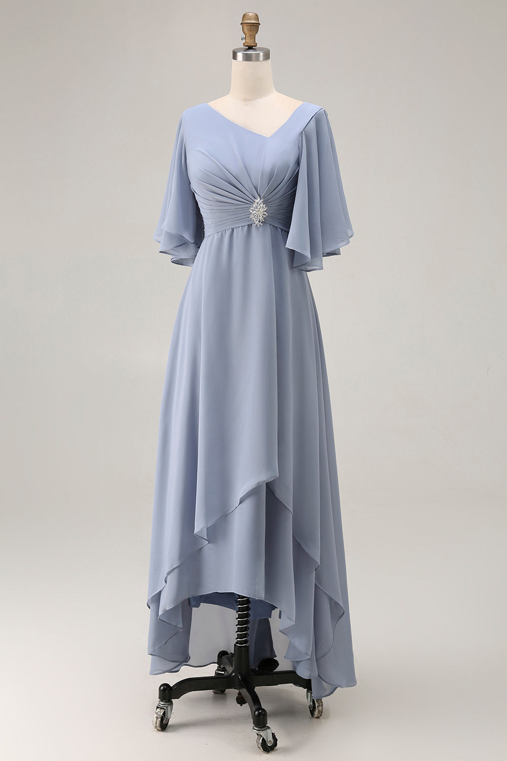 Dusty Blue Asymmetrical Ruched Long Mother of the Bride Dress with Sleeves