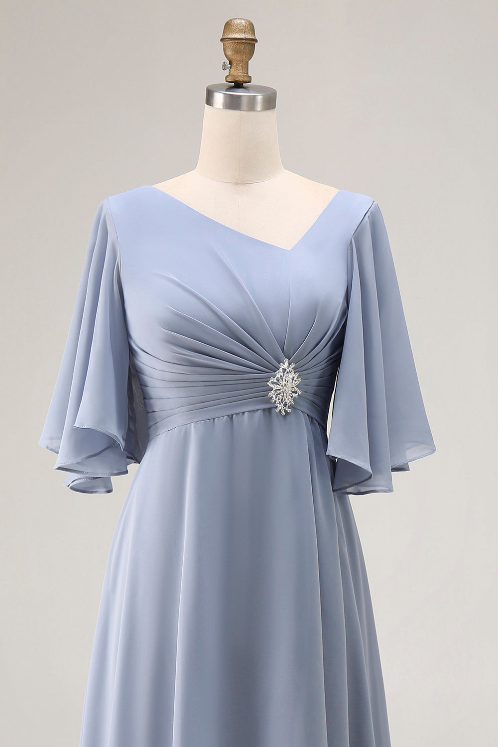 Dusty Blue Asymmetrical Ruched Long Mother of the Bride Dress with Sleeves