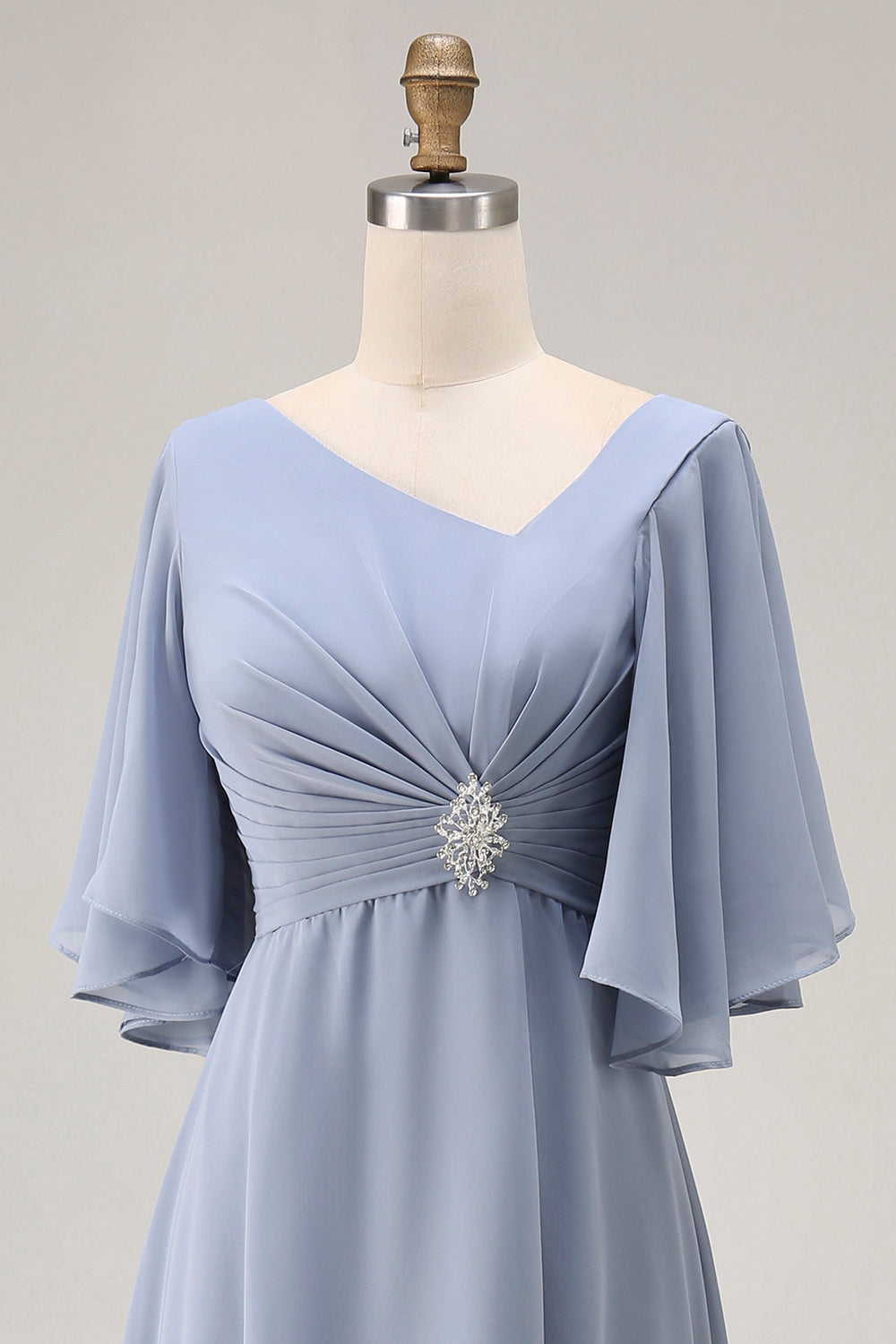 Dusty Blue Asymmetrical Ruched Long Mother of the Bride Dress with Sleeves
