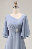 Dusty Blue Asymmetrical Ruched Long Mother of the Bride Dress with Sleeves