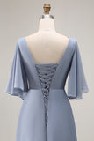 Dusty Blue Asymmetrical Ruched Long Mother of the Bride Dress with Sleeves