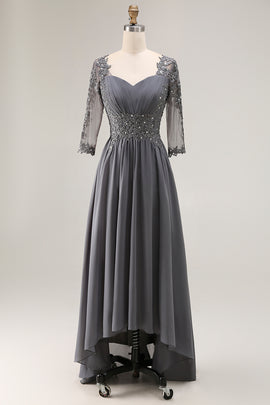 Sparkly Steel Grey Appliqued High-Low Mother of the Bride Dress with Sleeves