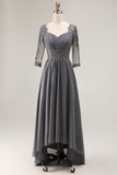 Sparkly Steel Grey Appliqued High-Low Mother of the Bride Dress with Sleeves