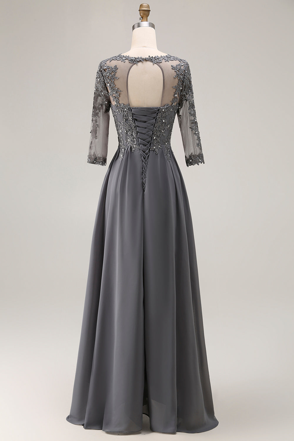 Sparkly Steel Grey Appliqued High-Low Mother of the Bride Dress with Sleeves