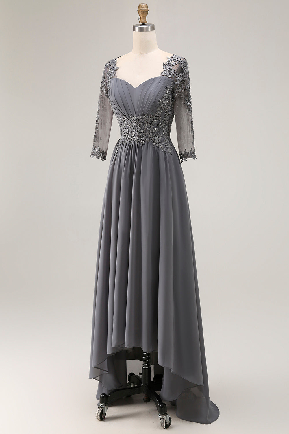 Sparkly Steel Grey Appliqued High-Low Mother of the Bride Dress with Sleeves