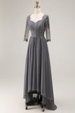 Sparkly Steel Grey Appliqued High-Low Mother of the Bride Dress with Sleeves