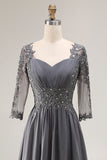 Sparkly Steel Grey Appliqued High-Low Mother of the Bride Dress with Sleeves