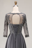 Sparkly Steel Grey Appliqued High-Low Mother of the Bride Dress with Sleeves