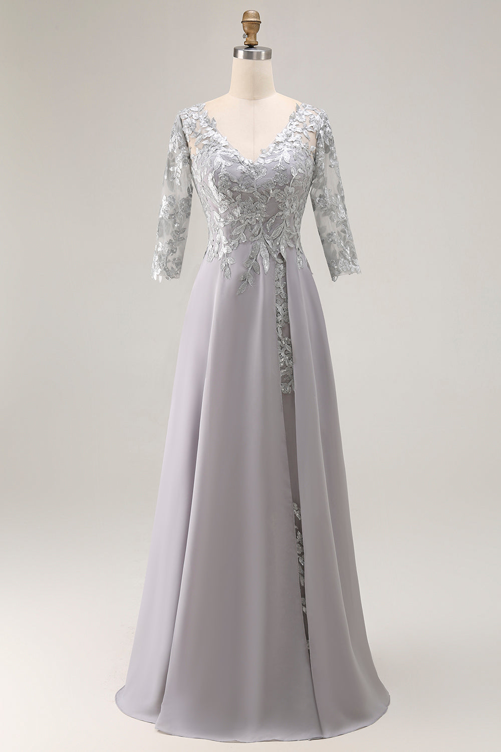 Silver V-Neck A Line Long Mother of the Bride Dress with Lace