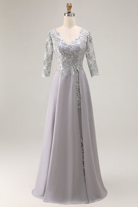 Silver V-Neck A Line Long Mother of the Bride Dress with Lace