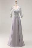 Silver V-Neck A Line Long Mother of the Bride Dress with Lace