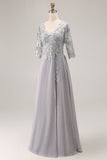 Silver V-Neck A Line Long Mother of the Bride Dress with Lace
