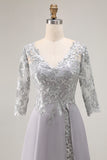 Silver V-Neck A Line Long Mother of the Bride Dress with Lace