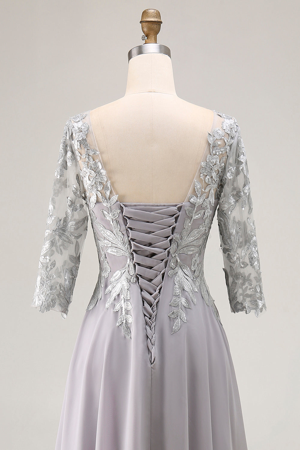 Silver V-Neck A Line Long Mother of the Bride Dress with Lace
