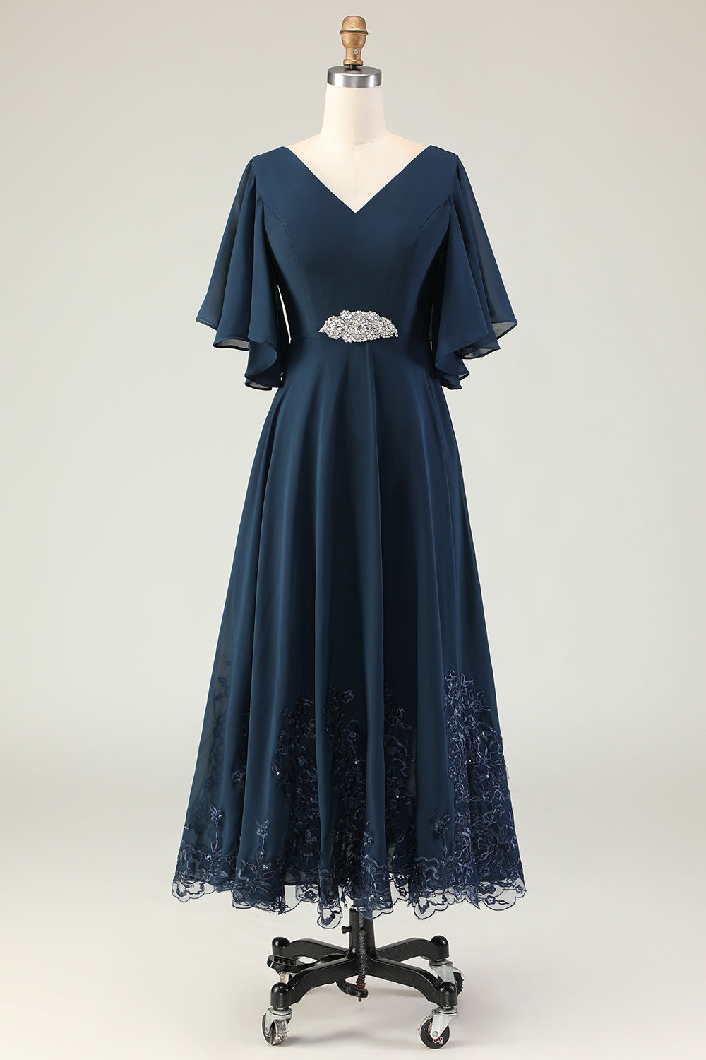Sparkly Navy Appliqued V-Neck Long Mother of the Bride Dress