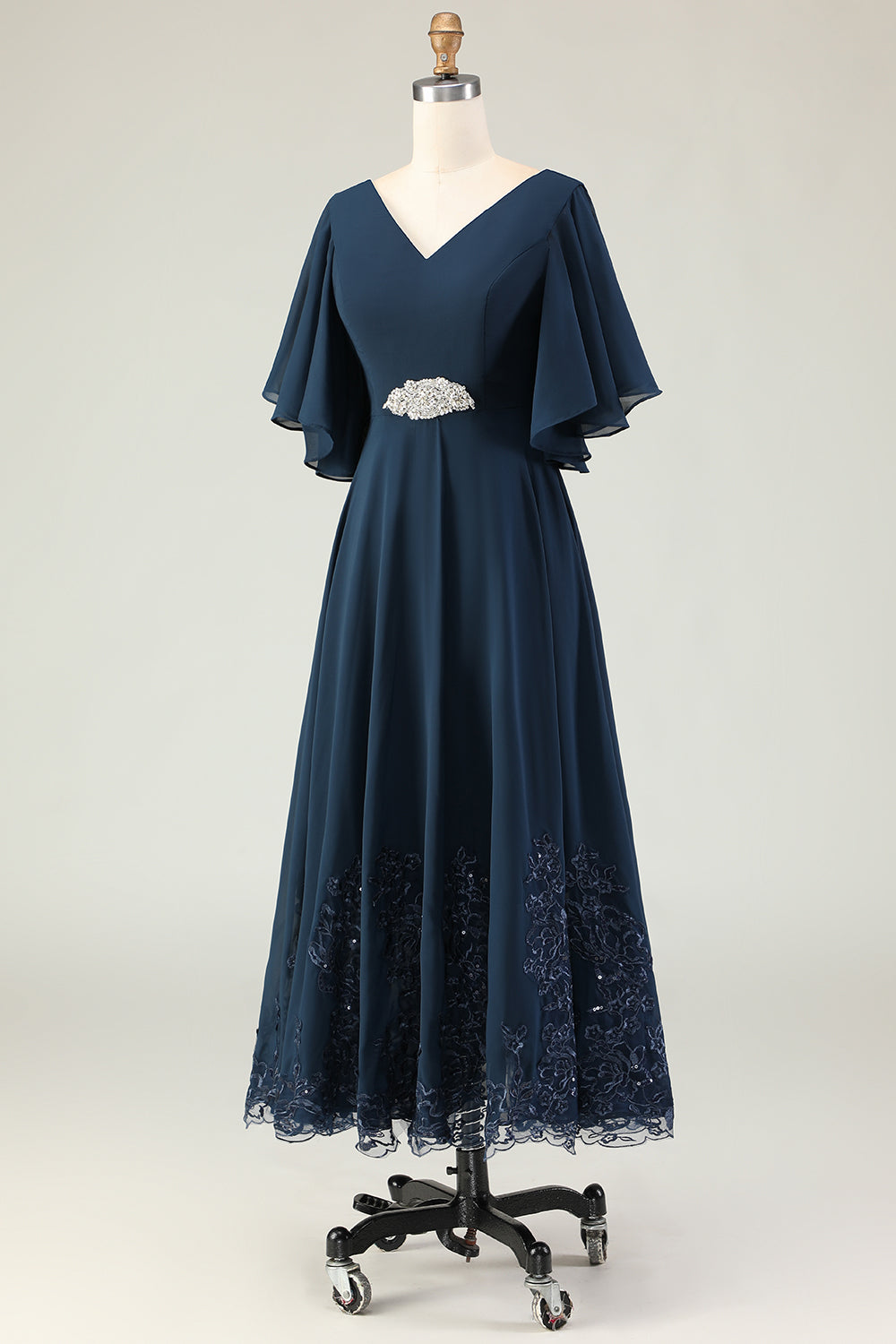 Sparkly Navy Appliqued V-Neck Long Mother of the Bride Dress