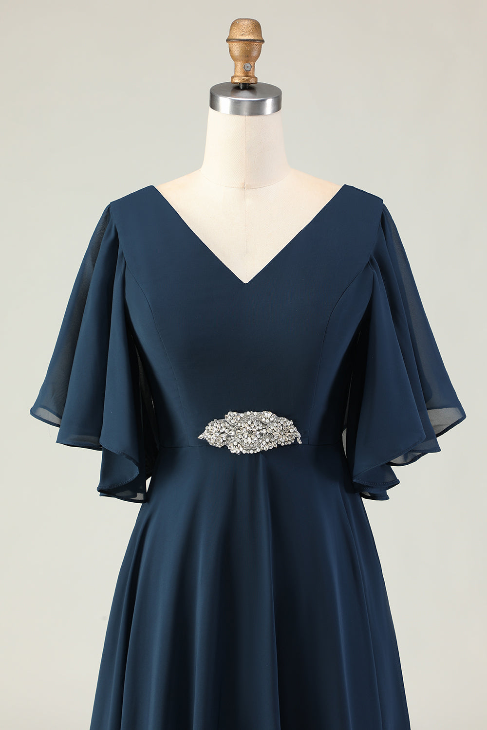 Sparkly Navy Appliqued V-Neck Long Mother of the Bride Dress