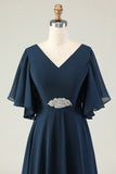 Sparkly Navy Appliqued V-Neck Long Mother of the Bride Dress
