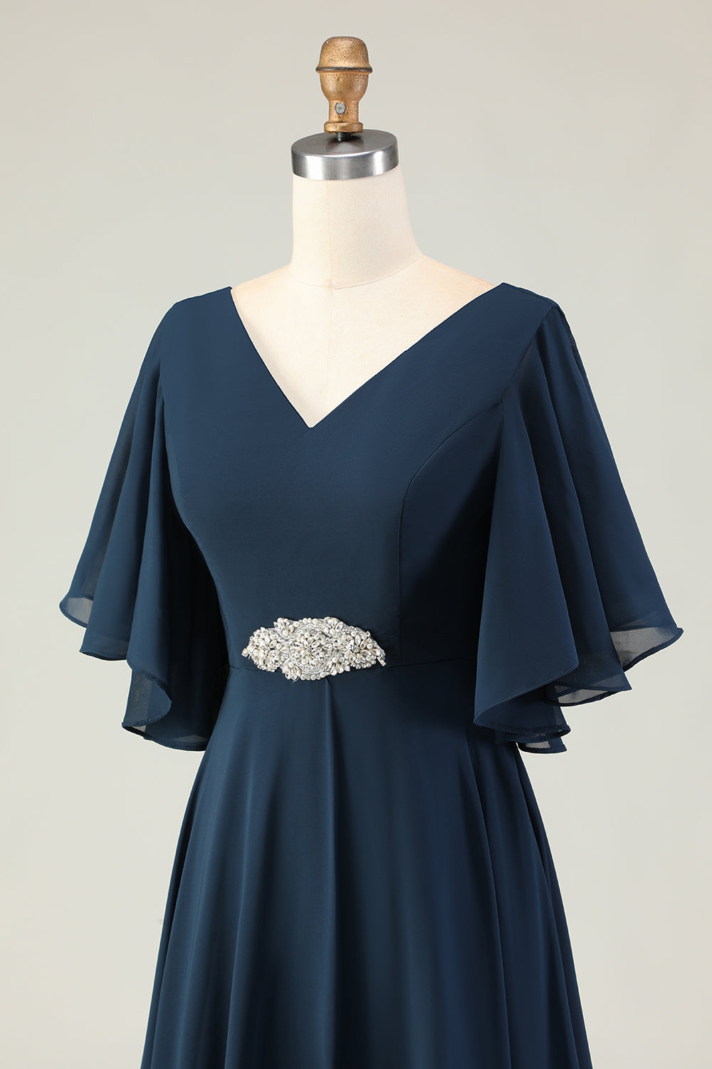 Sparkly Navy Appliqued V-Neck Long Mother of the Bride Dress