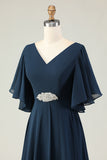 Sparkly Navy Appliqued V-Neck Long Mother of the Bride Dress
