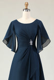 Sparkly Navy Beaded A Line Midi Mother of the Bride Dress with Sleeves