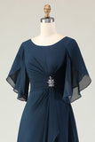 Sparkly Navy Beaded A Line Midi Mother of the Bride Dress with Sleeves
