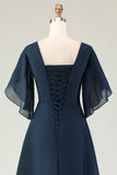 Sparkly Navy Beaded A Line Midi Mother of the Bride Dress with Sleeves