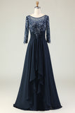 Navy Appliqued Round Neck Ruffled Long Mother of the Bride Dress