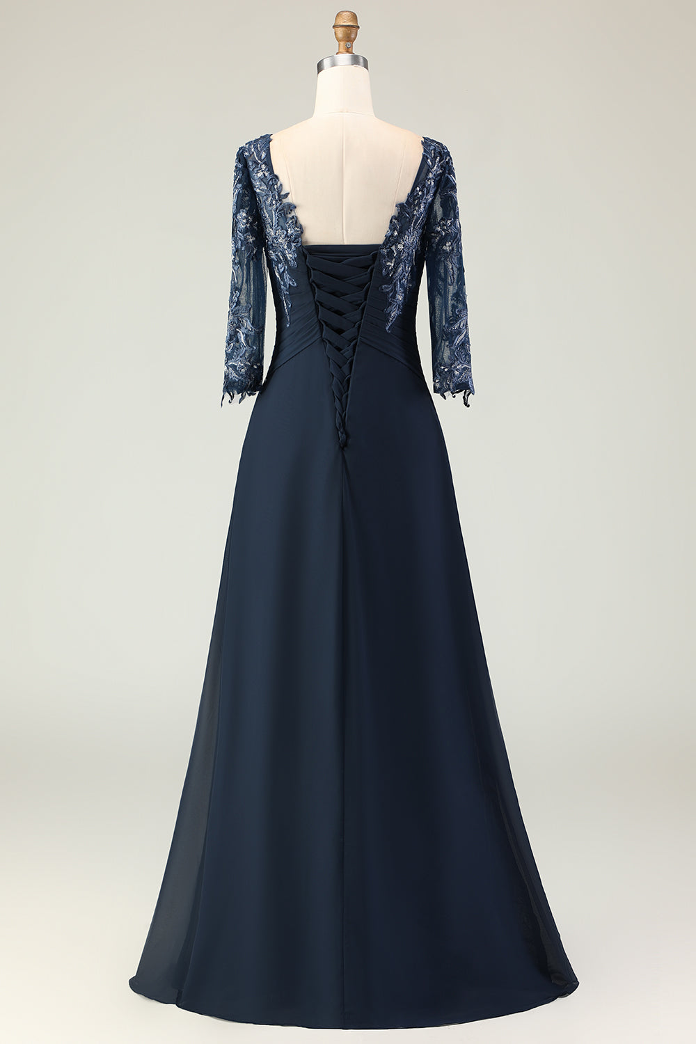 Navy Appliqued Round Neck Ruffled Long Mother of the Bride Dress