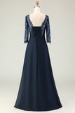 Navy Appliqued Round Neck Ruffled Long Mother of the Bride Dress