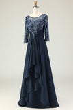 Navy Appliqued Round Neck Ruffled Long Mother of the Bride Dress