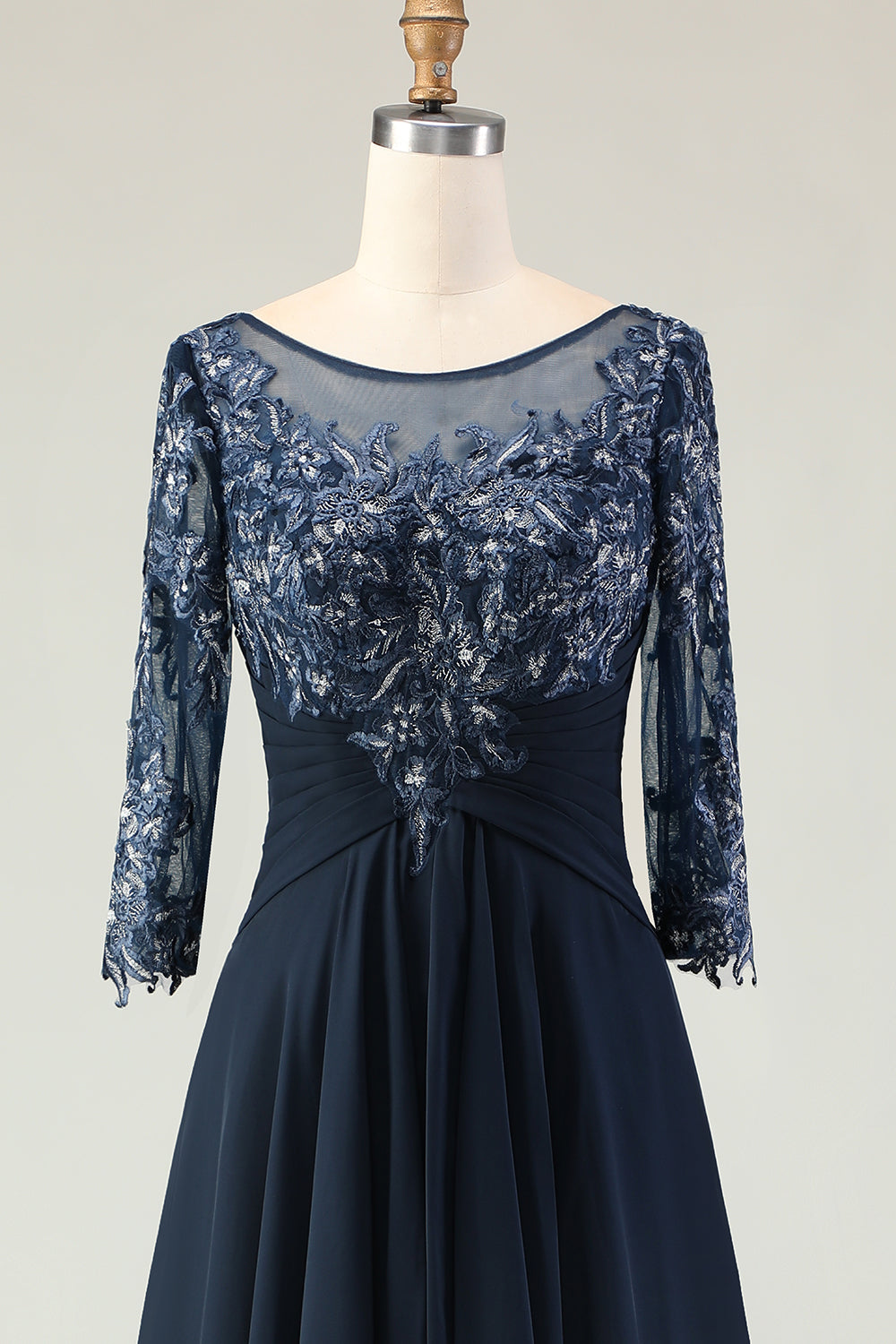Navy Appliqued Round Neck Ruffled Long Mother of the Bride Dress