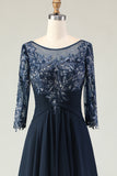 Navy Appliqued Round Neck Ruffled Long Mother of the Bride Dress