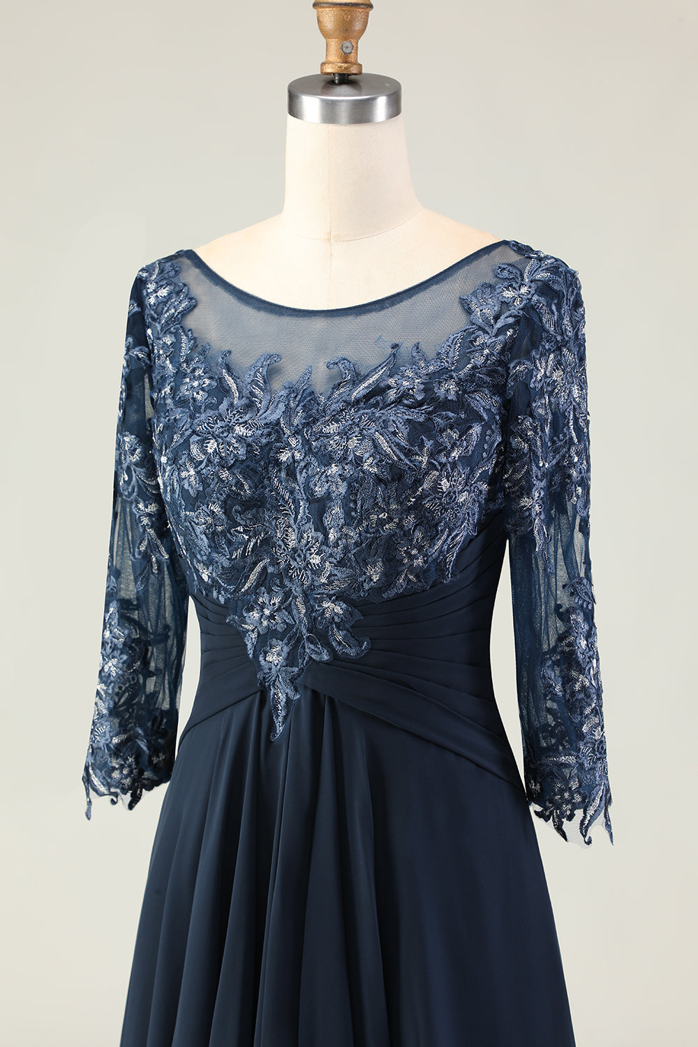 Navy Appliqued Round Neck Ruffled Long Mother of the Bride Dress
