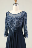 Navy Appliqued Round Neck Ruffled Long Mother of the Bride Dress