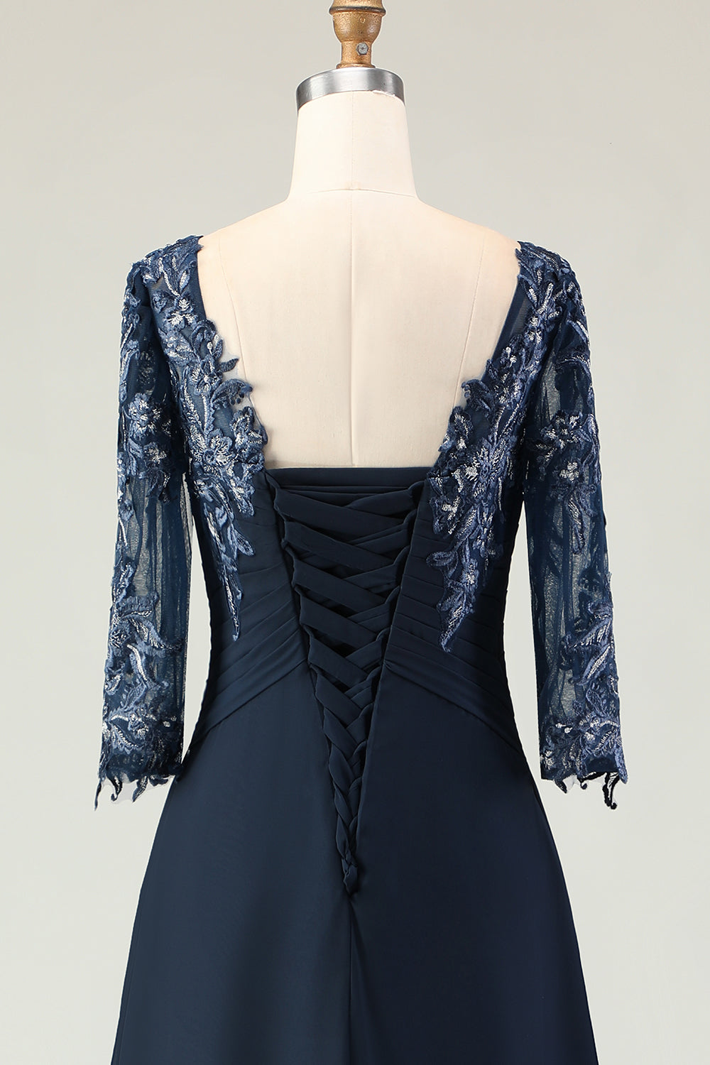 Navy Appliqued Round Neck Ruffled Long Mother of the Bride Dress