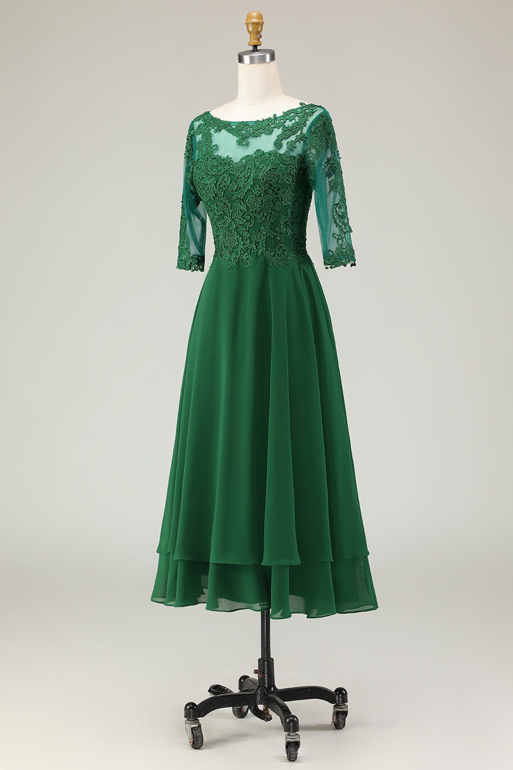 Green Lace Boat Neck Midi Mother of the Bride Dress