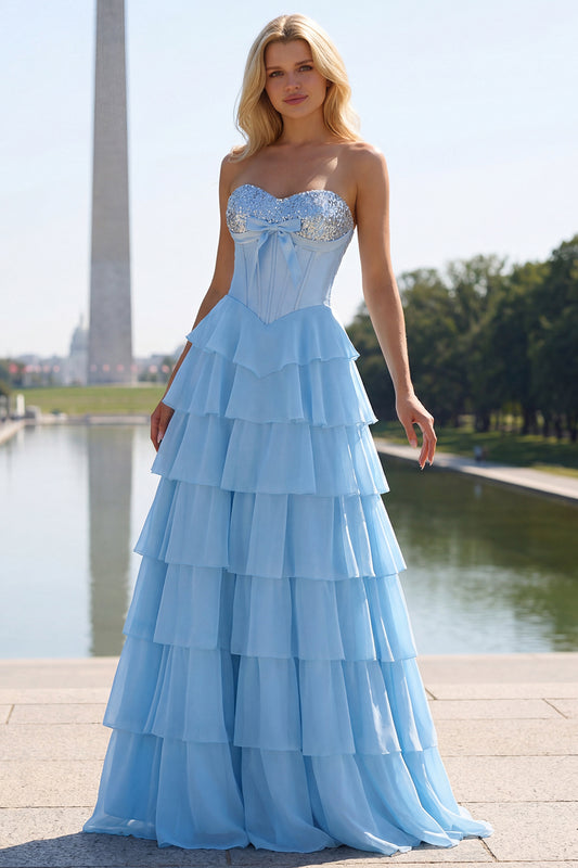 Sparkly Blue Sequin Tiered Ruffled Corset Long Prom Dress with Bow