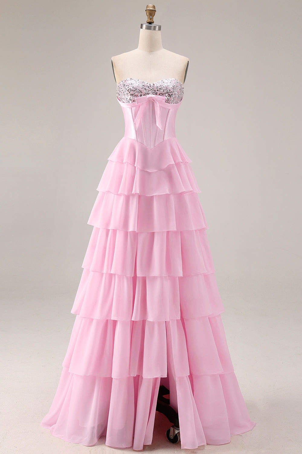 Sparkly Pink Tiered Sequin Ruffled Long Corset Prom Dress with Bow