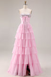 Sparkly Pink Tiered Sequin Ruffled Long Corset Prom Dress with Bow