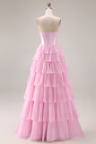Sparkly Pink Tiered Sequin Ruffled Long Corset Prom Dress with Bow