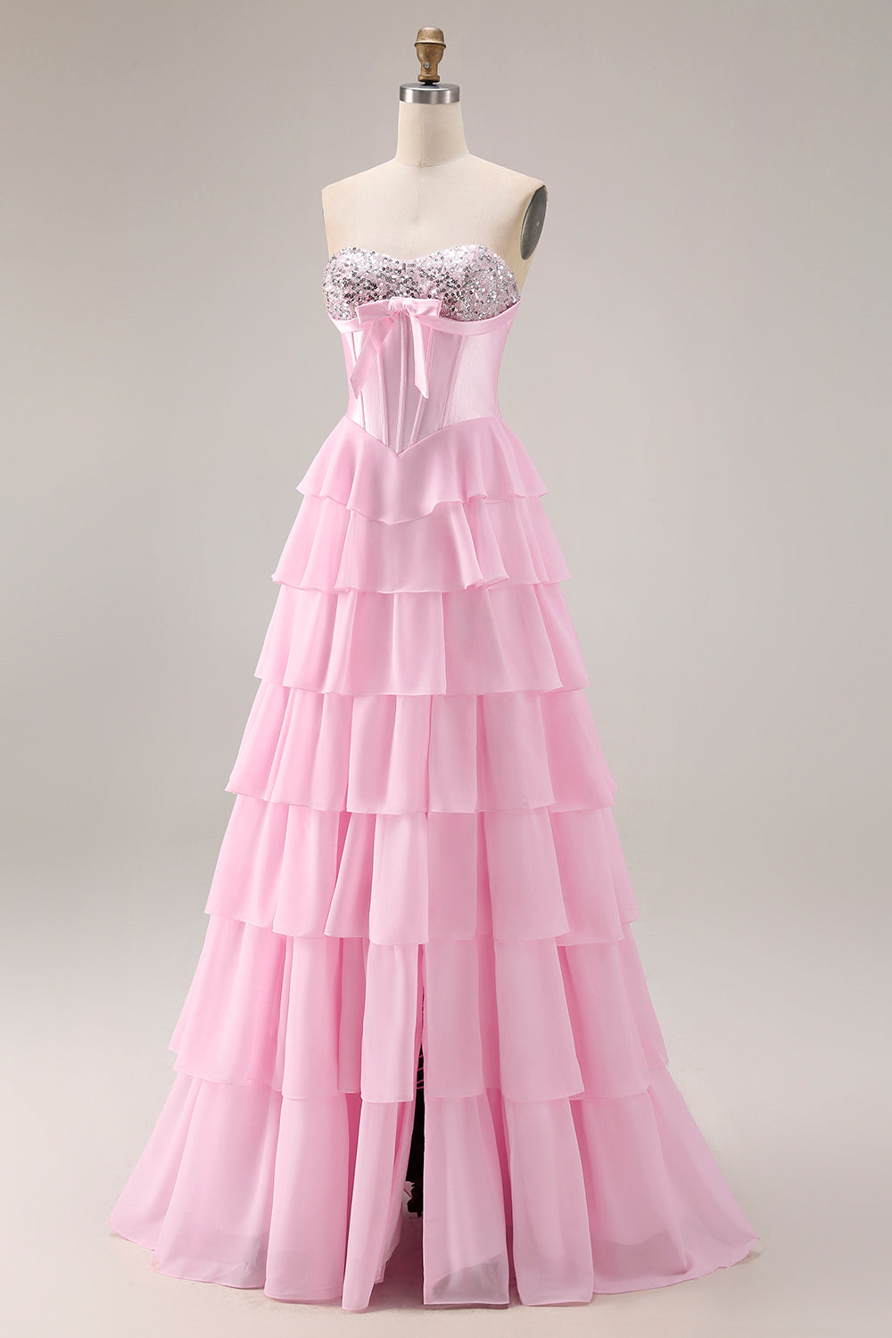 Sparkly Pink Tiered Sequin Ruffled Long Corset Prom Dress with Bow
