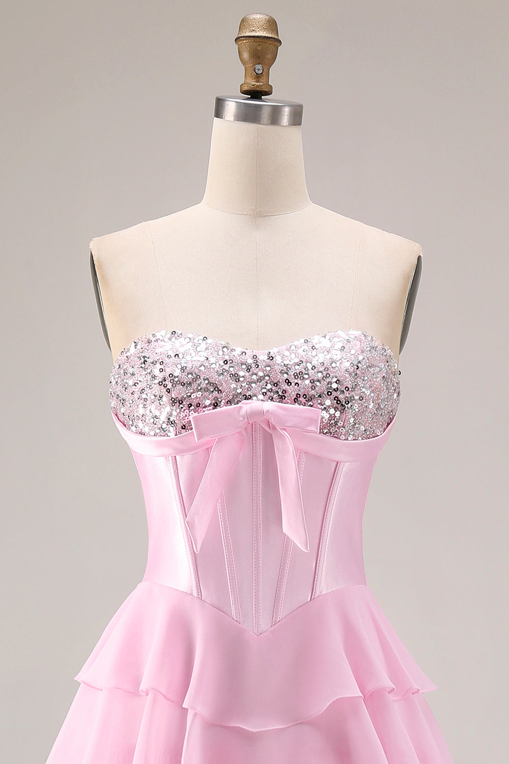 Sparkly Pink Tiered Sequin Ruffled Long Corset Prom Dress with Bow