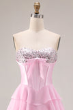 Sparkly Pink Tiered Sequin Ruffled Long Corset Prom Dress with Bow