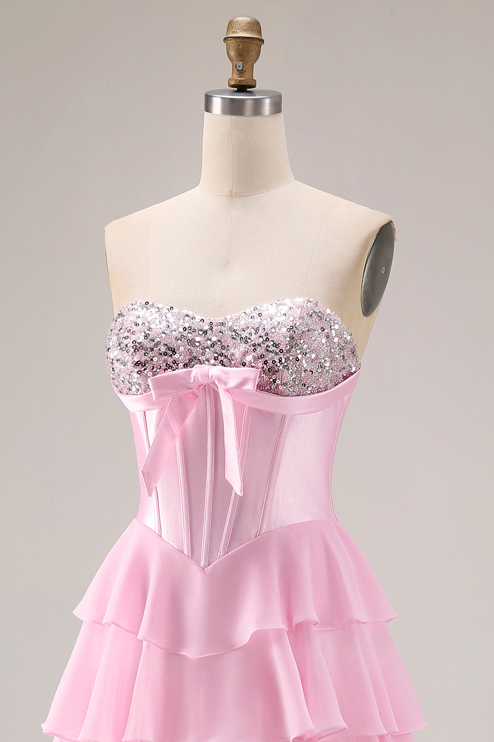 Sparkly Pink Tiered Sequin Ruffled Long Corset Prom Dress with Bow