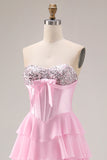 Sparkly Pink Tiered Sequin Ruffled Long Corset Prom Dress with Bow