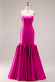Fuchsia Mermaid Sweetheart Satin Long Prom Dress with Ruffles