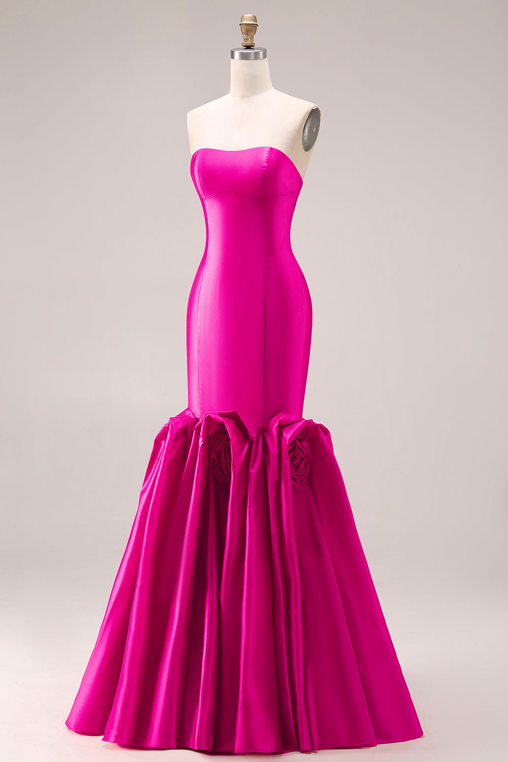 Fuchsia Mermaid Sweetheart Satin Long Prom Dress with Ruffles