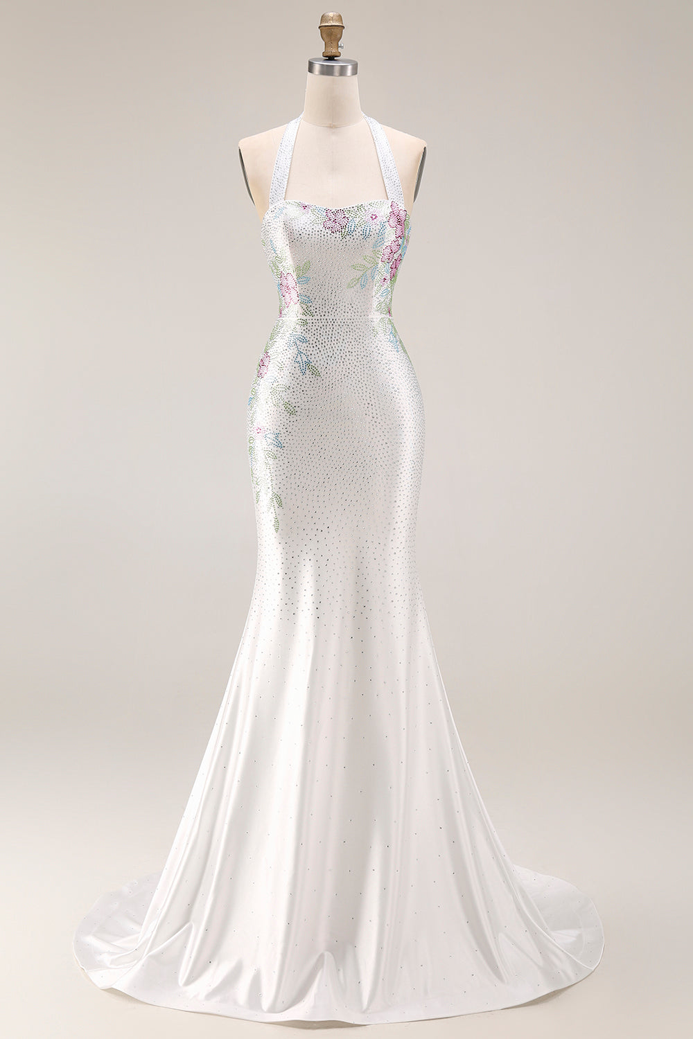 Sparkly Mermaid Halter White Satin Floral Beaded Long Prom Dress